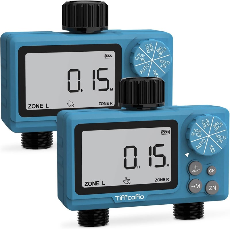 Tiffcofio Sprinkler Water Timer Outdoor, 2 Outlets Digital Pogrammable for Garden Hose, Irrigrtion Timer with Rain Delay and Manual Mode (2 Packs) - Image 1